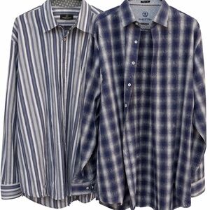 Bugatchi Shirt Lot Men’s Large Blue Plaid Striped Button Down Long Sleeve Bundle